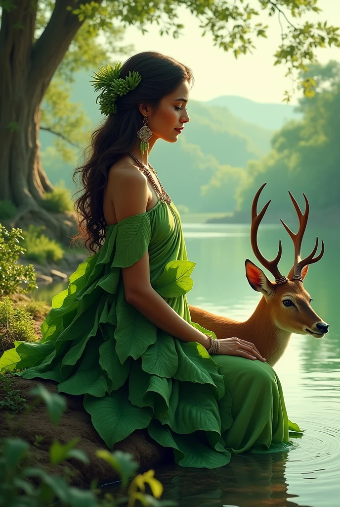 An Indian woman sitting on the river bank, with a feather earring and clothes made of leaves, Place a deer drinking water near her.