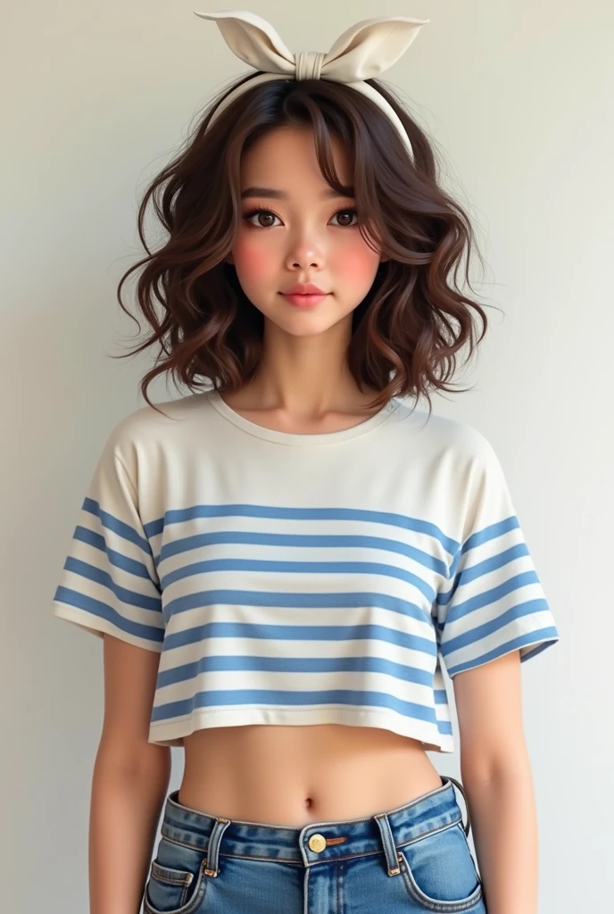 A midsize brunnet woman with curly hair wearing mom jeans, a stripped cropped shirt (white and BLUE) on top of a basic T. In her head, a white bow
