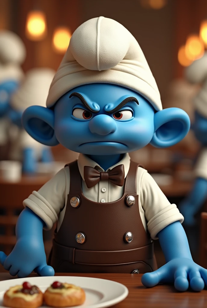 a brown Smurf, angry, dressed as a restaurant waiter