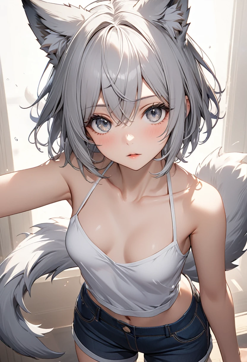 short hair, (Gray eyes:1.5), animal ears, tail, Silver hair, shorts, Wolf ears, Wolf Tail, (small breast:1.2), BREAK looking at viewer, BREAK outside, BREAK (masterpiece:1.2), best quality, high resolution, unity 8k wallpaper, (illustration:0.8), (beautiful detailed eyes:1.6), extremely detailed face, perfect lighting, extremely detailed CG, (perfect hands, perfect anatomy),振り返り