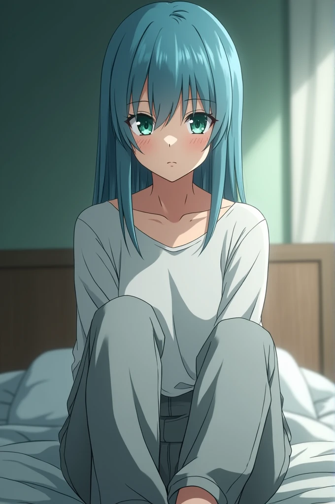 My Hero Academia screenshot of a 16-year-old female, waist-length sky blue hair, slanted emerald green eyes, She wears a white loose blouse and grey pants, She is sitting on a bed, in the background a room.