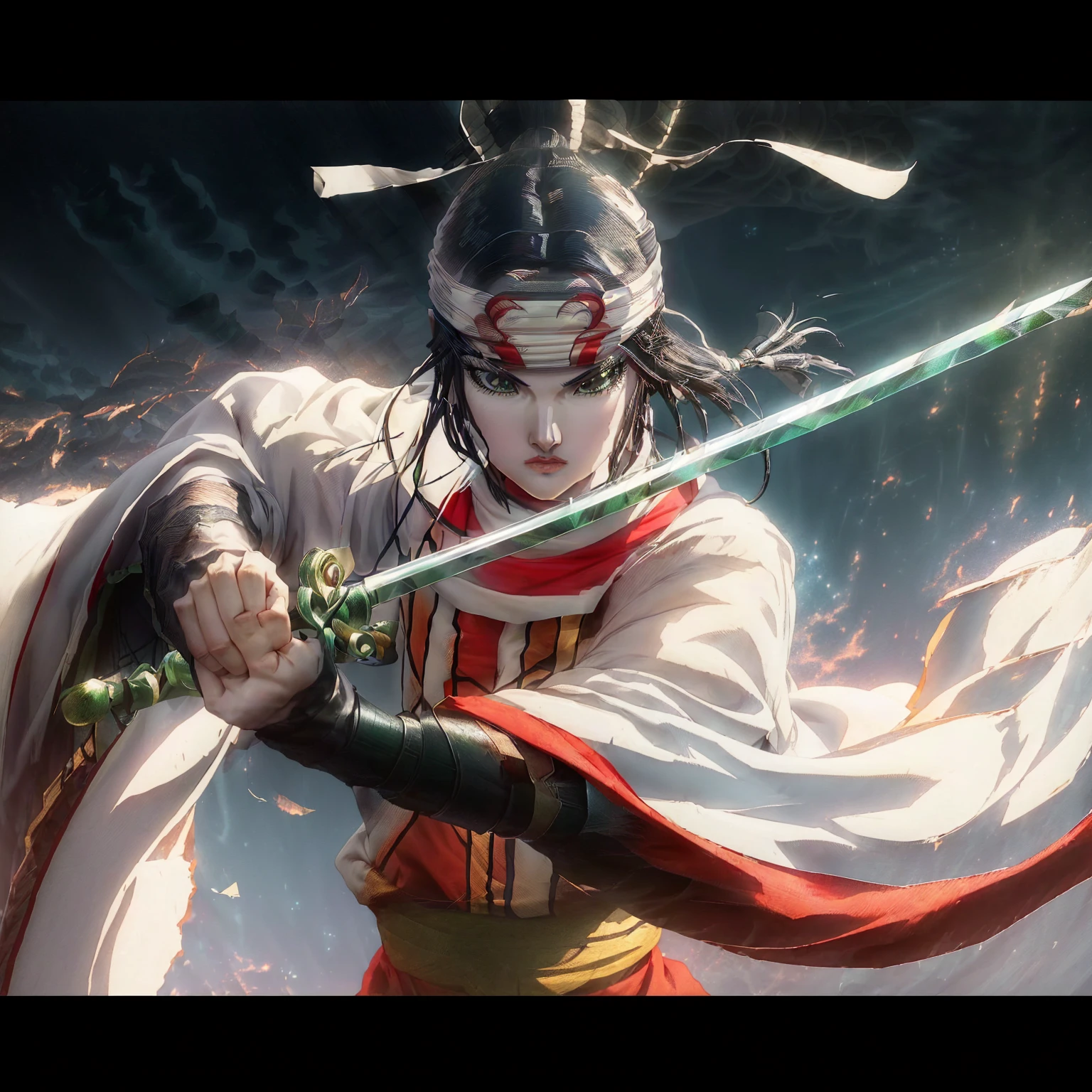 anime character with sword and red cape holding a sword in front of a sky, she is holding a katana sword, onmyoji detailed art, sengoku - era art style, badass anime 8 k, demon slayer rui fanart, onmyoji, anime epic artwork, onmyoji portrait, female samurai, advanced digital anime art ”, katana