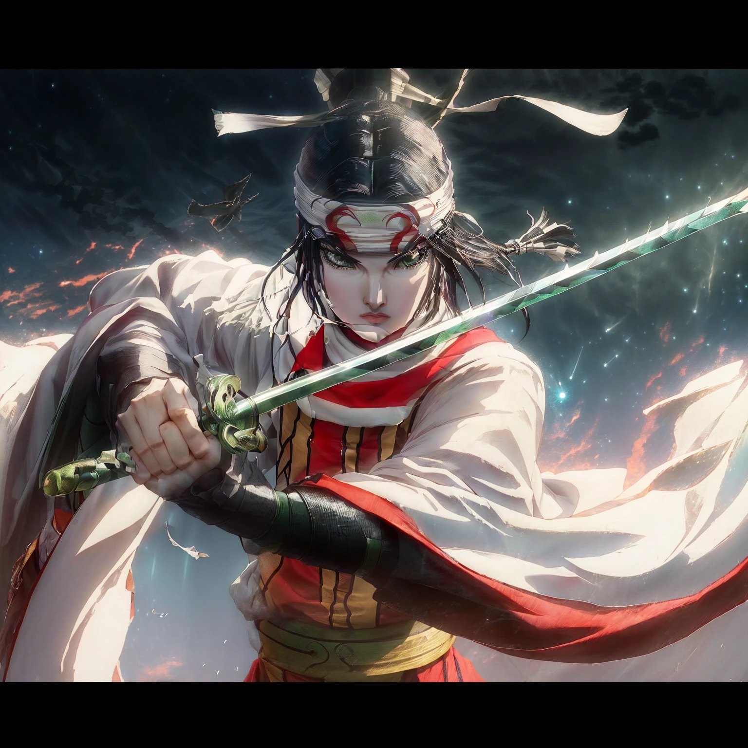 anime character with sword and red cape holding a sword in front of a sky, she is holding a katana sword, onmyoji detailed art, sengoku - era art style, badass anime 8 k, demon slayer rui fanart, onmyoji, anime epic artwork, onmyoji portrait, female samurai, advanced digital anime art ”, katana