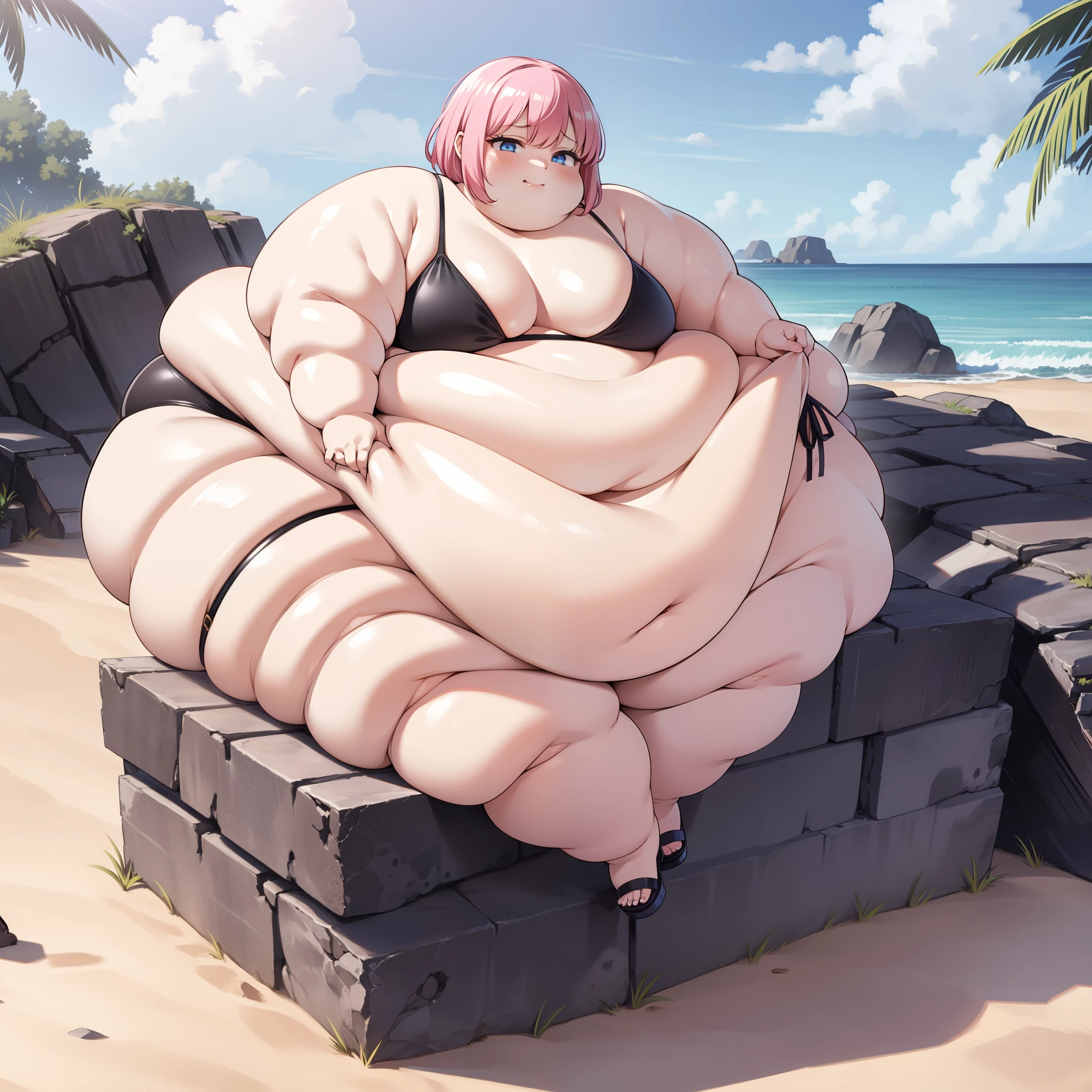 baby girl , short hair, short pink hair, blue eyes, clear skin, fat belly, fat cheeks, fat and chubby arms, fat and chubby feet, huge fat ass, huge tits, big wide fat thighs, huge round fat belly, covered in rolls of fat, fat vagina, fat ball of grease, morbid obesity, very obese, overweight, bikini, black heels, on the beach,detailed background, ((full body image)),