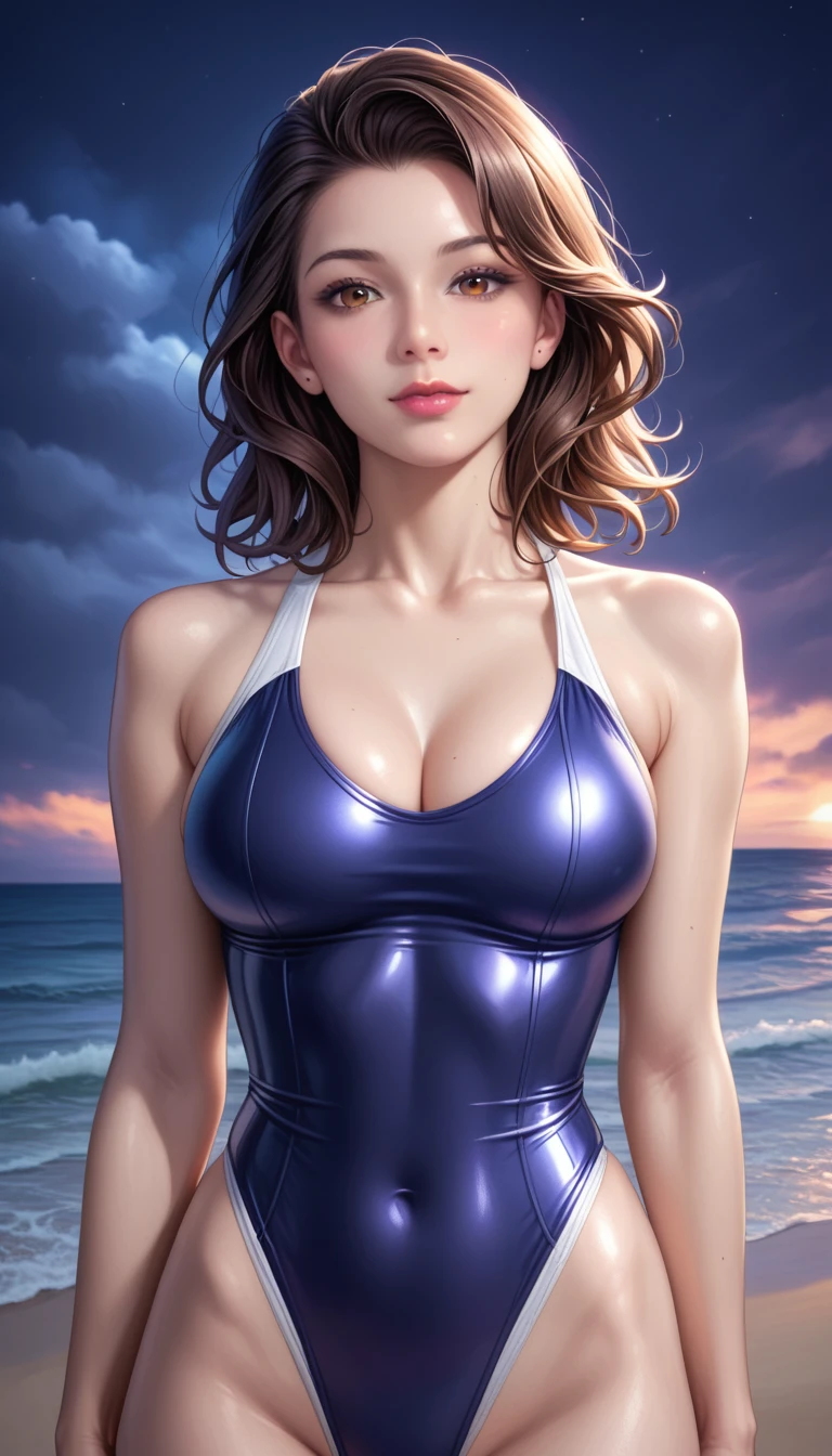 score_9, score_8_superior, score_7_superior, High resolution 3D anime style,A masterpiece in 32K resolution,Highest quality,it is really amazing,Very detailed,Ultra-high resolution,Ultra-realistic,Realistic,Increased depth of field,Cinematic lighting,
(Sexy mature Japan woman:1.1),
black straight medium hair,Ultra-detailed and beautiful face,Calm and gentle look,Beautiful brown eyes,Translucent white skin,Realistic skin texture,Great proportions,
Elegant high leg swimsuit,
Simple design,Chic color scheme,Detailed fabric texture,
(Dark overcast sky on a dull night:1.1),(Dark clouds filling the sky:1),(Thundercloud:1),Coastline at night,Stormy seas,(delay々A desolate sandy beach that continues:1),
Cinematic Angle,