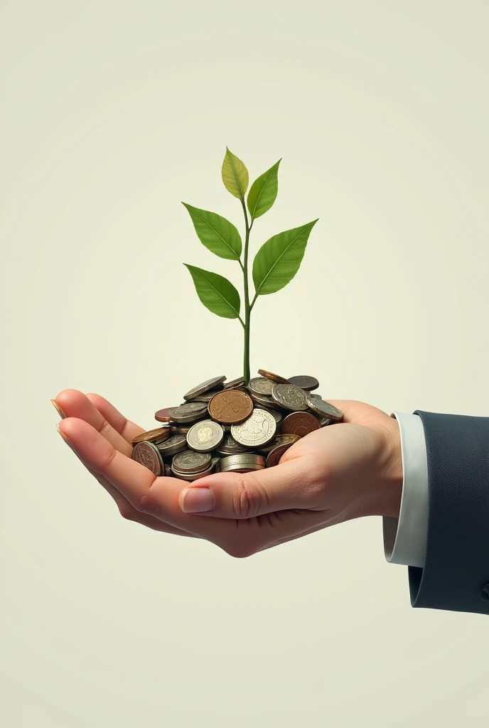A hand holding a plant that grows from coins or bills, symbolizing the growth of money through investment.