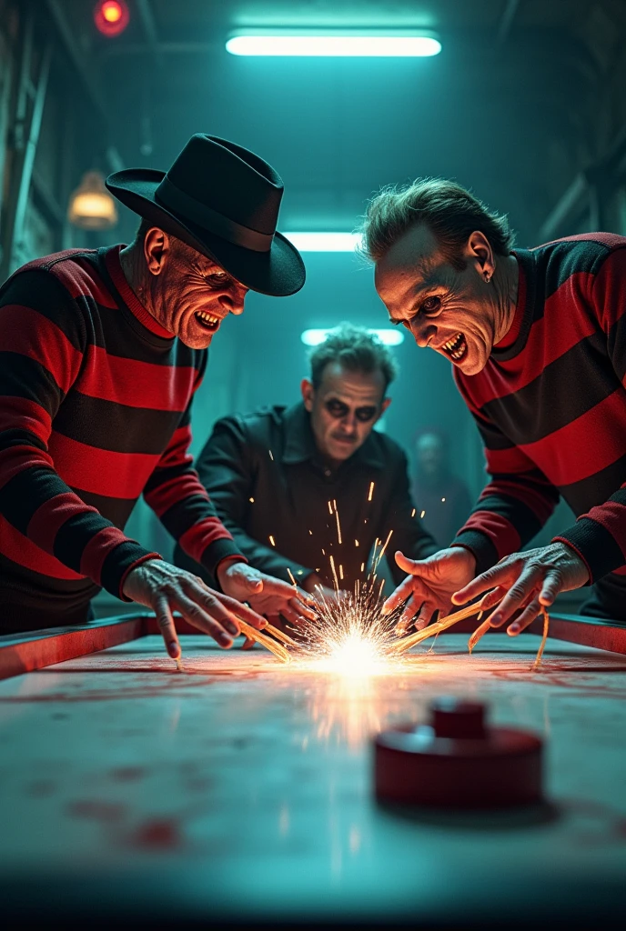 Horror movie characters playing air hockey