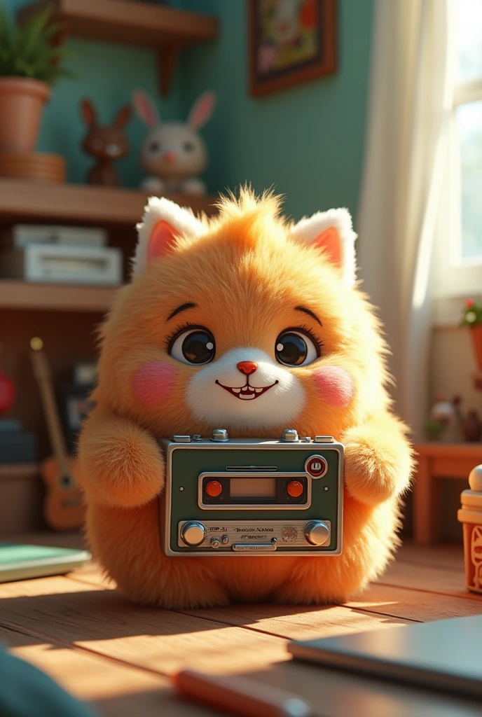 A cassette player, fluffly, Grinning