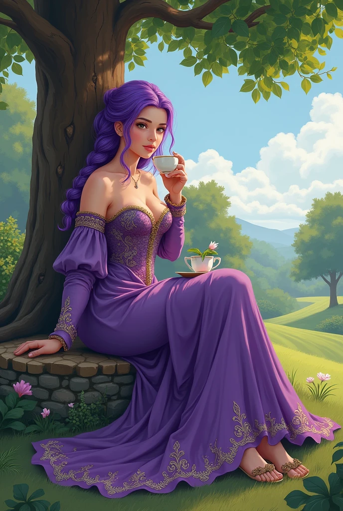 Young woman, Twenty years old, Long purple braided hair, Big breasts,Thin waist, Big butt, Wearing a long purple dress,Wear a medieval European outfit , Sit and sip tea under the tree, Manga illustration 2.5D
