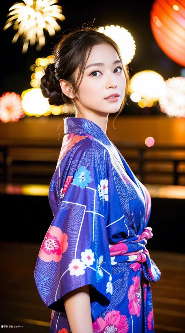 Dark brown hair、Light brown eyes、Japanese actress、 Lady、I am about 40 years old..、(Intricate details:1.2)、(Which is higher???:1.4)、 (Ultra-high resolution:1.2)、Ultra-high resolution、(Fine-tune)、(Detailed facial features)、Hmph、8k resolution、D cup size breasts、Long Hair、Hue、night、,Full body photo、firework、yukata、firework大会、日本のfirework、日本のyukata、band、Summer in Japan、yukata姿、Updo、Summer Japanese Clothing、