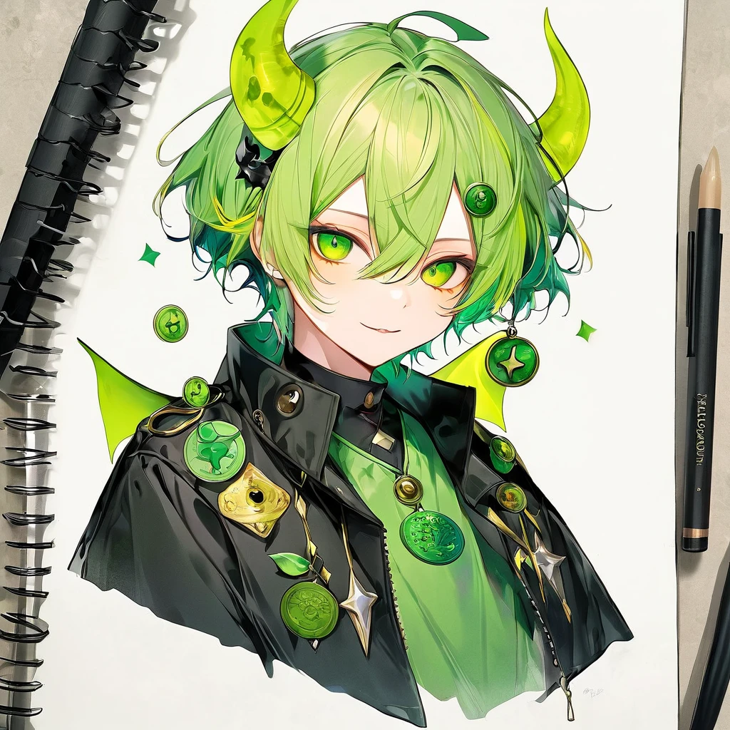A boy with green and yellow hair, a green coin, and a demon's attire.