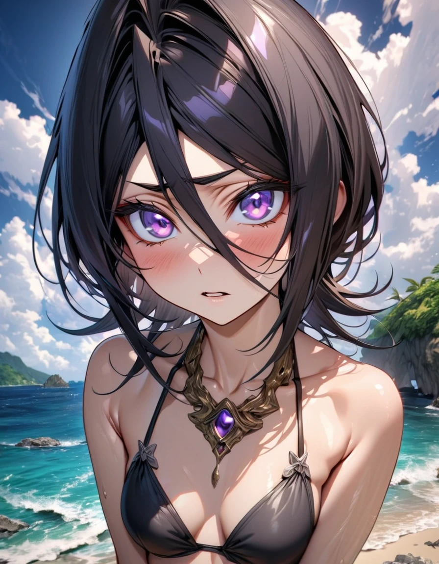 absurdres, highres, ultra detailed, HDR, master piece, best quality, extremely detailed, Kuchiki Rukia, black hair, expressive purple eyes, Bleach, solo, woman, beautiful, black bikini, island, sea, beach