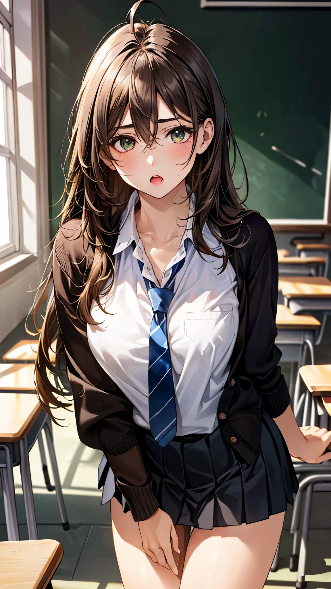 (masterpiece:1.3, top-quality, ultra high res, ultra detailed), (realistic, photorealistic:1.4), beautiful illustration, perfect lighting, natural lighting, colorful, depth of fields, surrealism,
beautiful detailed hair, beautiful detailed face, beautiful detailed eyes, beautiful clavicle, beautiful body, beautiful chest, beautiful thigh, beautiful legs, beautiful fingers,
looking at viewer, 1 girl, high school girl, (perfect anatomy, anatomically correct, super detailed skin), cute and symmetrical face, babyface, perfect face, perfect eyes, shiny skin,
(long hair, sideburns, straight hair, dark brown hair), ahoge, hair between eyes, blue-green eyes, big eyes, long eyelashes, (medium breasts, seductive thighs), slender, narrow waist,
(detailed cloth texture, break white collared shirt, break (long sleeve dark brown knit cardigan), break black pleated skirt, no tie), break
(beautiful scenery), noon, (school classroom:1.2), standing, (leaning forward), (drinking a cup of coffee in a pack, hand on table), (expressionless, :o),