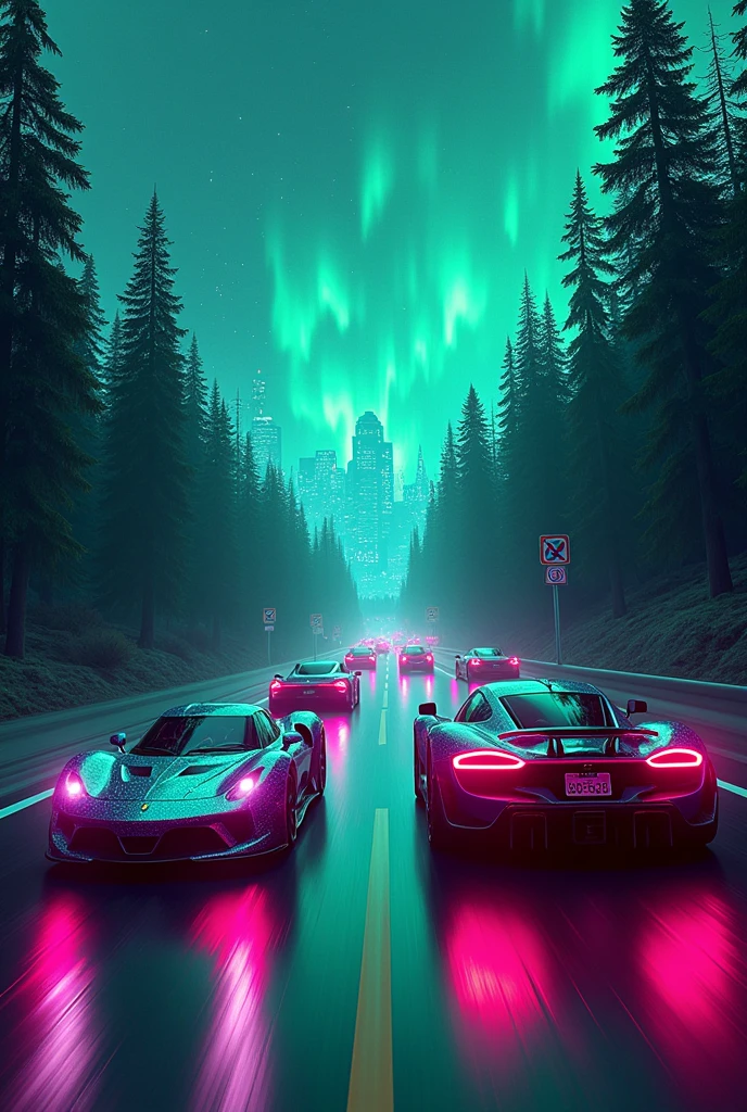 8k, hyper detailed, trippy and shapeshifting city landscape, realistic, Trippy futuristic sportcars driving in a washington highway coming to the camera, front facing cars, full of trees, night, green and purple lights