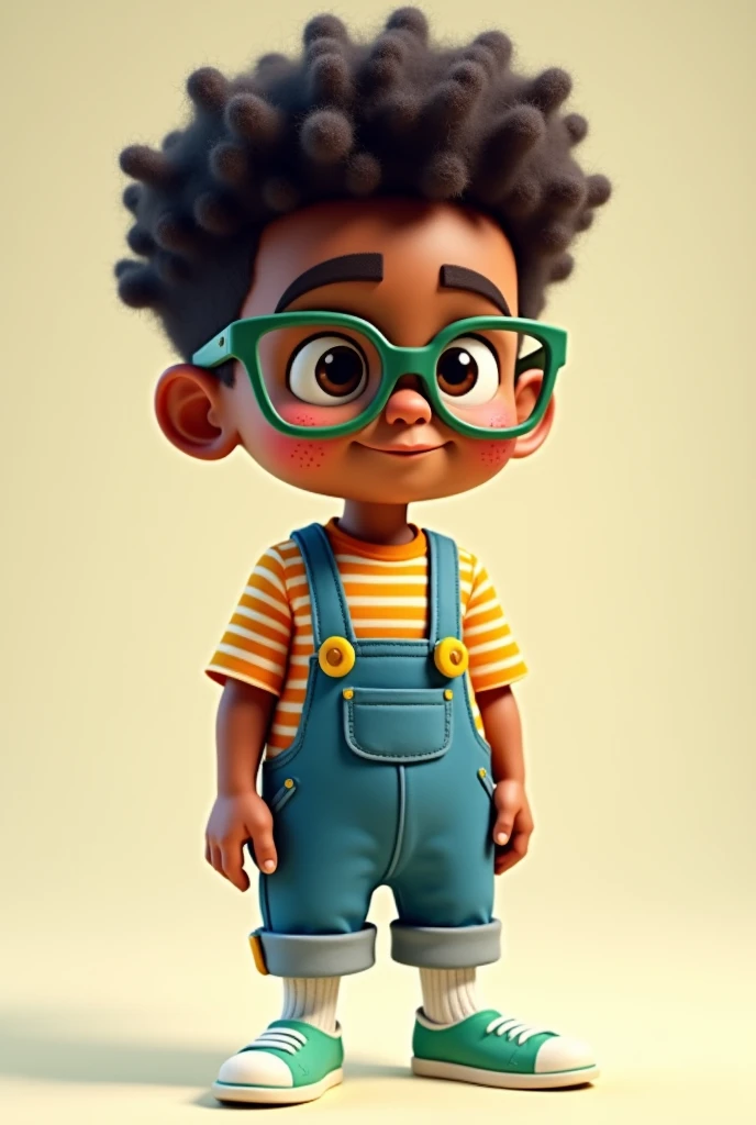 Young male, black skin, curly hair, green rimmed glasse, freckles, arm dimples, striped shirt, overalls, white socks, light green shoes,