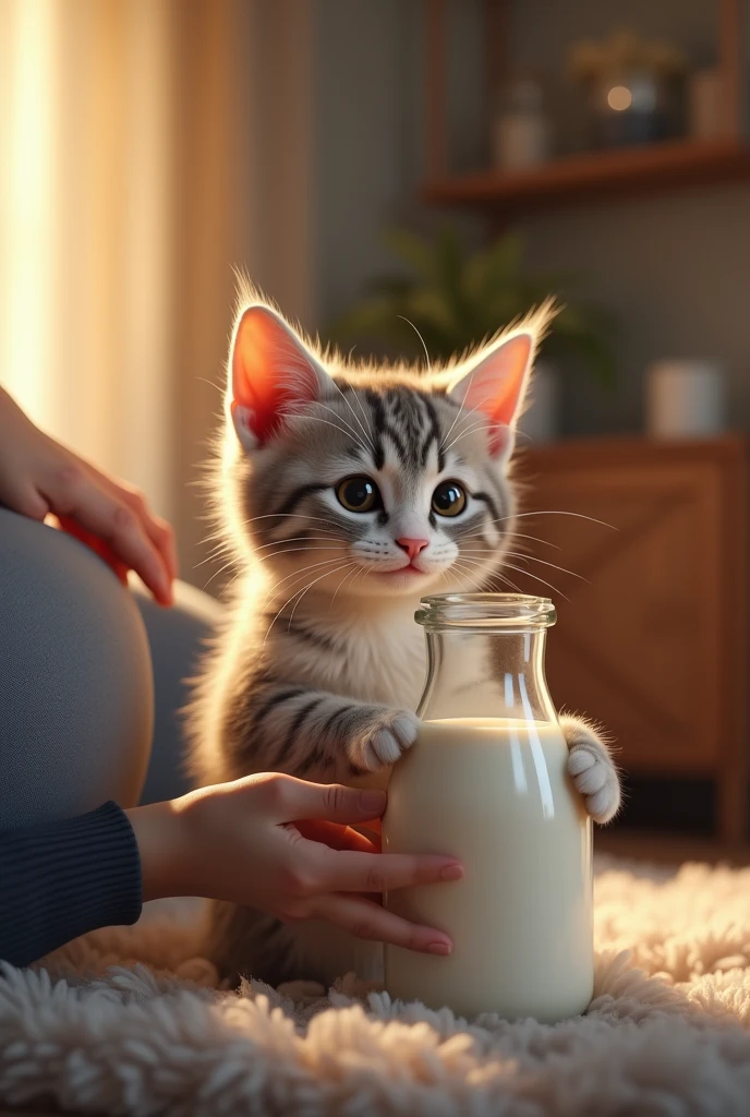 The cat drinking milk from a bottle with its owner