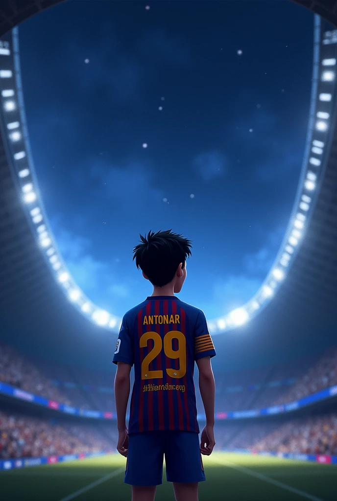 Animated young man wearing the Barcelona number 29 shirt with the name Antonar, with my back facing the entrance of a football stadium looking up at the sky seeing the moon in profile