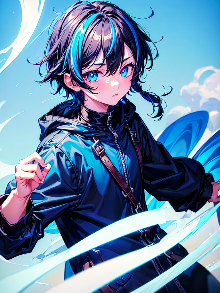[(SKY BLUE BACKGROUND:1.5),::5], ((((masterpiece)))), high quality, ultra very high resolution, full color, (((solo))), (()), BLACK hair, ((Blue streaked short hair)), (oriental deepblue eyes), ((anime style)), (upper body), Summer clothes, black parka,
