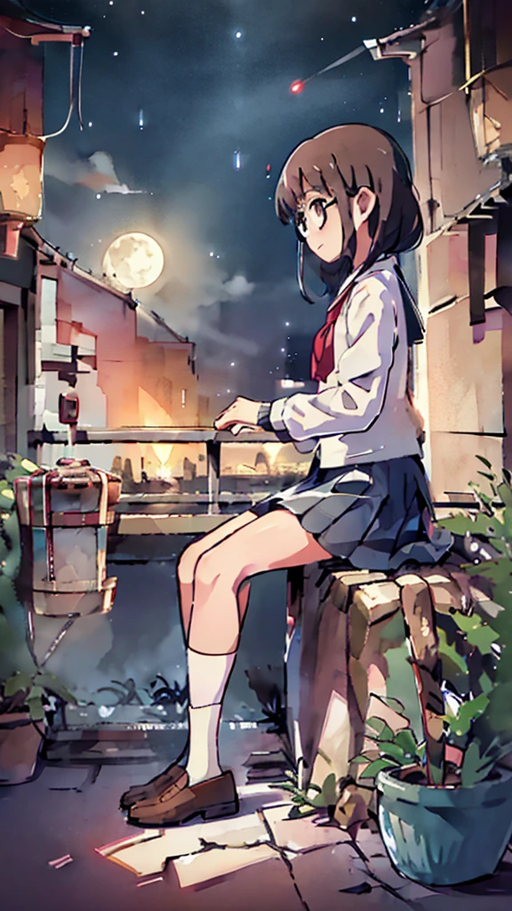 Decadent、Sanctuary、Dazzling Light、Many towers in the distance、Big Moon、Metropolis、Tall buildings、Looking up at the stars、water、Midnight、Moon、Blue light、sky、sea、Nsfw、masterpiece, high quality, 4K, HDR,, Stable Diffusion prompt:  schoolgirl with short、brown hair and red-framed glasses, wearing a white blouse and navy skirt, white panties visible, navy socks and brown loafers, in a state of arousal and trembling with sexual climax,simple illustration style, In a nichijou (everyday life) Setting Image generation AI model used: Stable Diffusion (eleet- model)

id: i2