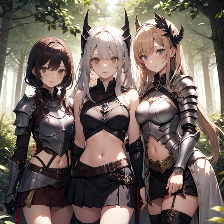 A group of female knight, (in forest), various hair styles, harem, wearing armored clothes, metal armor, night, details face, , short skirt, seducing, sword, showing armpits, sleeveless, midriff