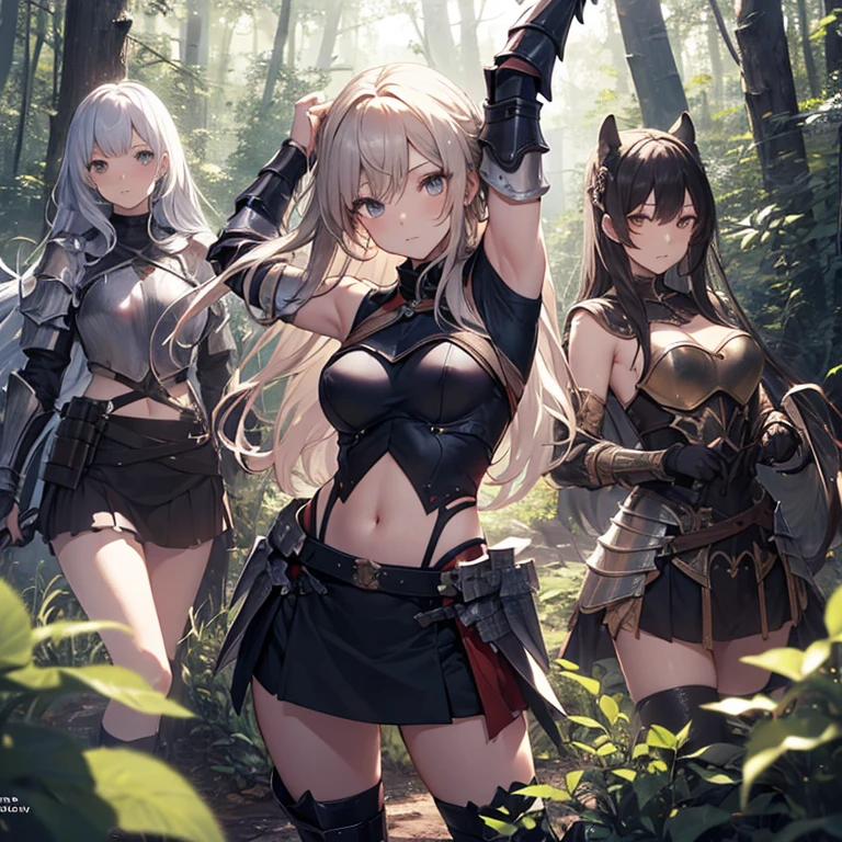 A group of female knight, (in forest), various hair styles, harem, wearing armored clothes, metal armor, night, details face, , short skirt, seducing, sword, showing armpits, sleeveless, midriff