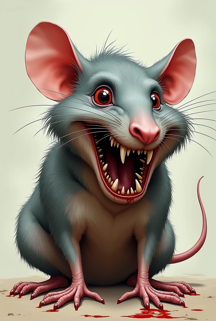 Caricature of a rat, realistic, 2d, with bloody sharp teeth