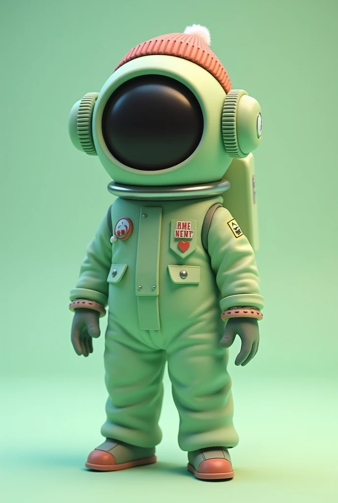 Astronaut with a light green helmet and no face, wearing a red beanie and a light green suit, resembling the character from the game Among Us.