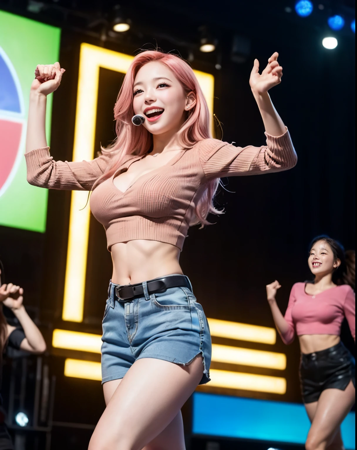 (8k、RAW Photos、Highest quality、masterpiece:1.2)、(Realistic、Realistic:1.37)、Very detailed、Ultra-high resolution、1 person、Turn around to look at your audience、Beautifully detailed face、Laughter、Accentuate from knee to toe、(Tight waist) :1.3)、beautifully detailed skin、Skin Texture、Floating Hair、Professional Lighting、Human whole body、Long Hair、Pink Hair、Beautiful legs、Micro Mini Skirt、Pink clothes、festival、New York Cityscape、Bob Hair、夏festival、Opening a store、smile、(((The whole body to the toes)))、(((The blouse is completely open in the front.、I can see your chest)))、Lower milk exposed、Huge breasts、black transparent stockings