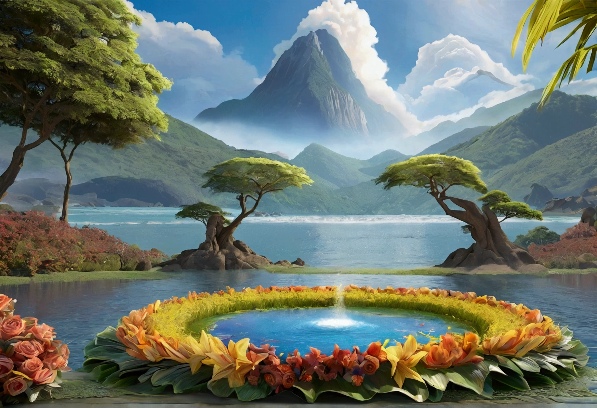 {
"prompt": "A detailed image of the third day, with God gathering the waters into seas and making the dry land appear. The earth is covered with plants, colorful and vibrant trees and flowers. God is at the center, making vegetation sprout from the earth with a magical touch.",
"size": "1024x1024"
}
