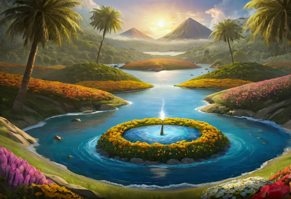 {
"prompt": "A detailed image of the third day, with God gathering the waters into seas and making the dry land appear. The earth is covered with plants, colorful and vibrant trees and flowers. God is at the center, making vegetation sprout from the earth with a magical touch.",
"size": "1024x1024"
}