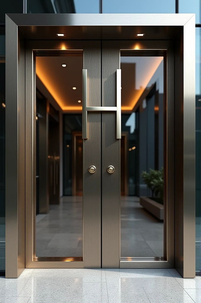 A metal and glass door, that opens in the middle and has a letter H on the half 