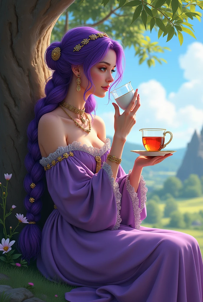 Young woman, Nineteen years old, Long purple braided hair, Big breasts,Thin waist, Big butt, Wearing a long purple dress,Wear a medieval European outfit , Sit and sip tea under the tree, Manga illustration 2.5D