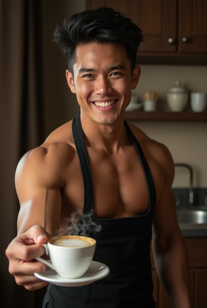 photorealistic, best quality, masterpiece, extremely detailed, very sexy, very homoerotic, extremely handsome, 30 year old muscular filipino man, (muscular bodybuilder), wearing only apron, holds out steaming cup of coffee towards camera, smiling, in kitchen, extremely romantic atmosphere, perfect face, perfect fingers, perfect hands, perfection