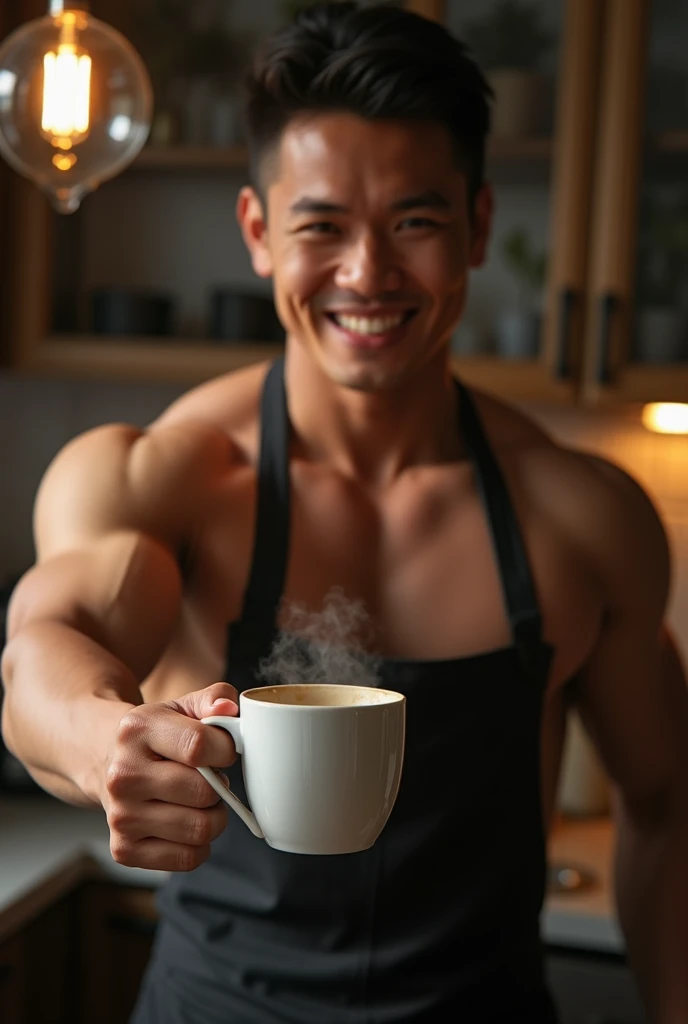 photorealistic, best quality, masterpiece, extremely detailed, very sexy, very homoerotic, extremely handsome, 30 year old muscular filipino man, (muscular bodybuilder), wearing only apron, holds out steaming cup of coffee towards camera, smiling, in kitchen, extremely romantic atmosphere, perfect face, perfect fingers, perfect hands, perfection