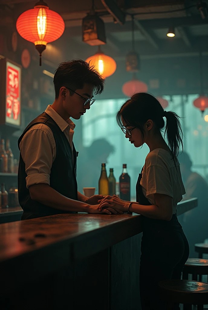 Chinese guy addicted to gambling and girl with glasses depressed , both working as bartenders