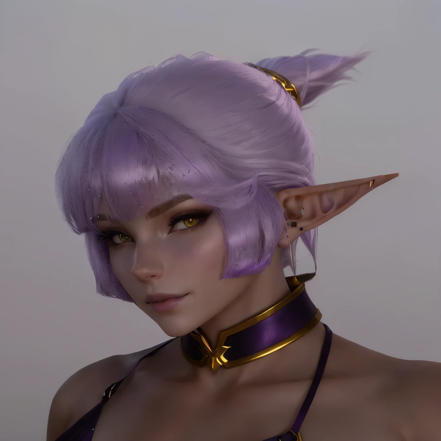 Close-up of a woman with purple hair and a purple collar, Elf portrait, She has elven ears and golden eyes, Female Elf, elven character with smirk, 3D Anime Real, Ultra-detailed fantasy characters, Urop, Reusch and Klump style, Elf Girl, a Elf portrait, Anime-style 3D