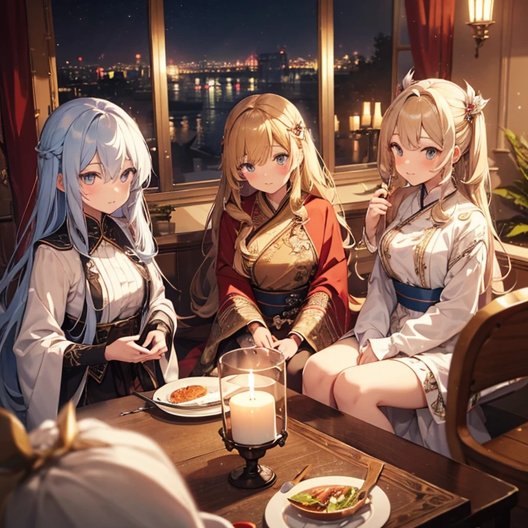 A group of priestess, (in bedroom), various hair styles, harem, night, details face, seducing, ceremonial outfit, multiple girls