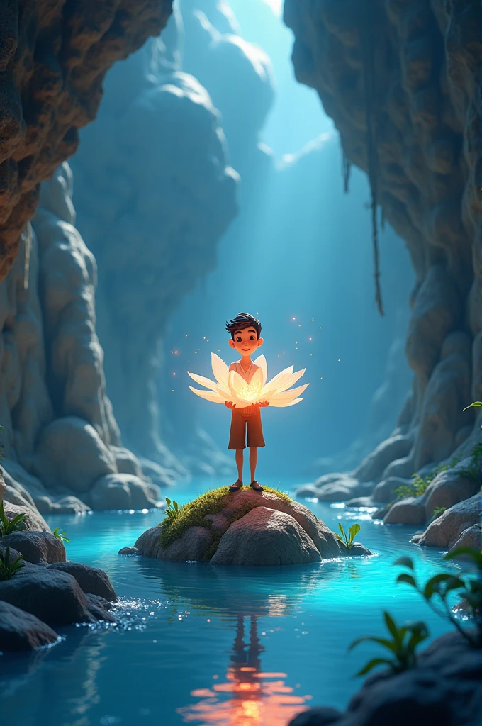 A cave, a small mound in that cave, a man is standing on that mound with a magical flower, water is flowing all around the mound, 3d cartoon image