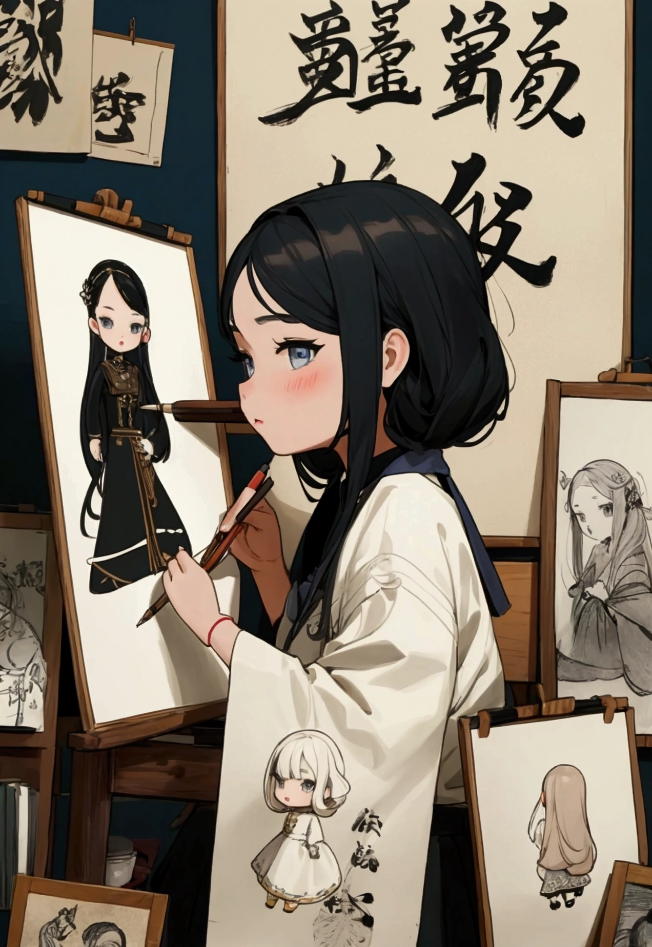 The person who is drawing the picture People who do calligraphy People who make dolls People who do crafts People who draw posters 5-people Artistic atmosphere