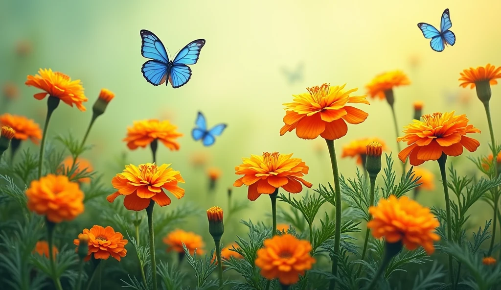 Depict a cluster of wild marigolds growing freely, their orange and yellow petals contrasting with the green foliage. A few blue butterflies should be fluttering around, adding a pop of cool color to the warm palette.