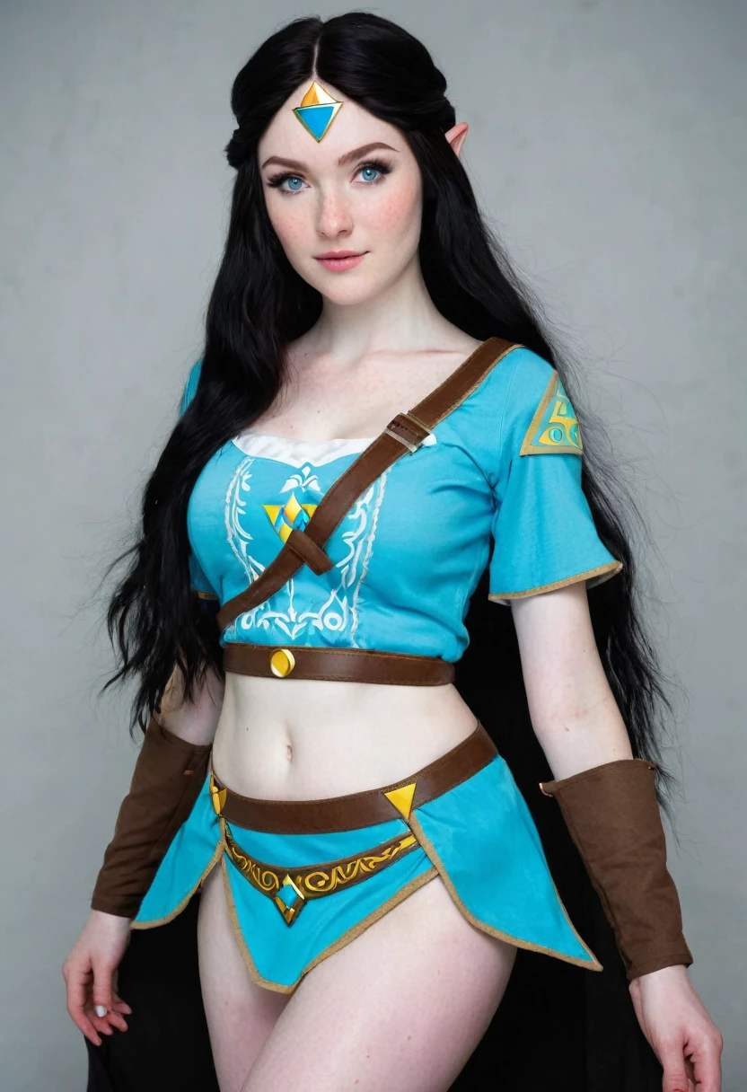 Caucasian woman 1.75 tall, light blue eyes, long black hair, pale skin and freckles, double E breasts, big butt. She is dressed as Zelda.