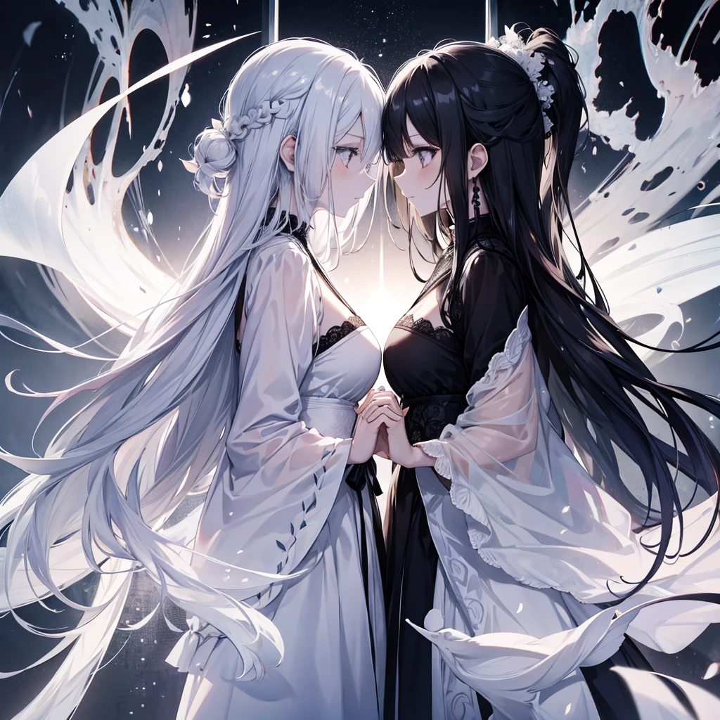 Two Women,Very white skin,Transparent((Facing each other,Put your hands together)) background((Center Part,Black and White,1：1)) Two Symmetrical Figures,Black and white,Facing each other,Mirror-Accurate Black Miasma,Dark Side Holy Light,Light Side Parallel World,Anime Style Despair and Happiness