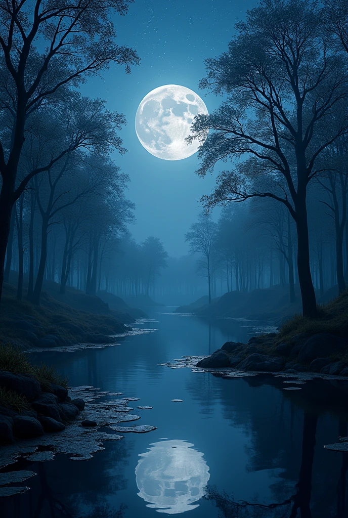 (masterpiece:1.2,Highest quality,Ultra-high resolution,Very detailed,Realistic,RAW Photos:1.2,Elaborate photos),8k,wallpaper,(Ray Tracing),Texas,(Beautiful starry night sky, Thick forest, center pond, moon,