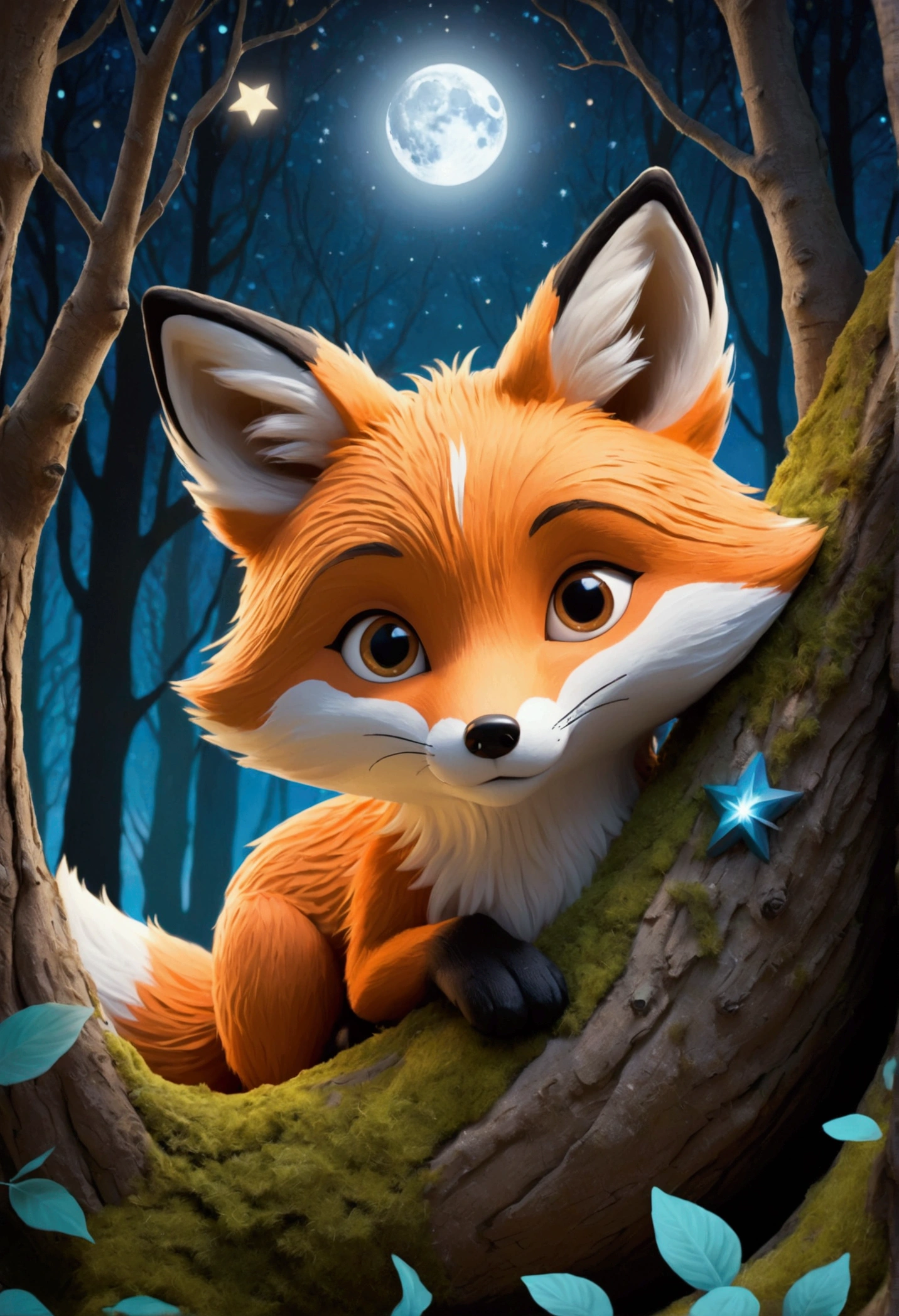 Finn is a fox who is peeking out of his den into a moonlit forest, with stars twinkling in the sky and gentle moonlight casting a soft glow over the trees.