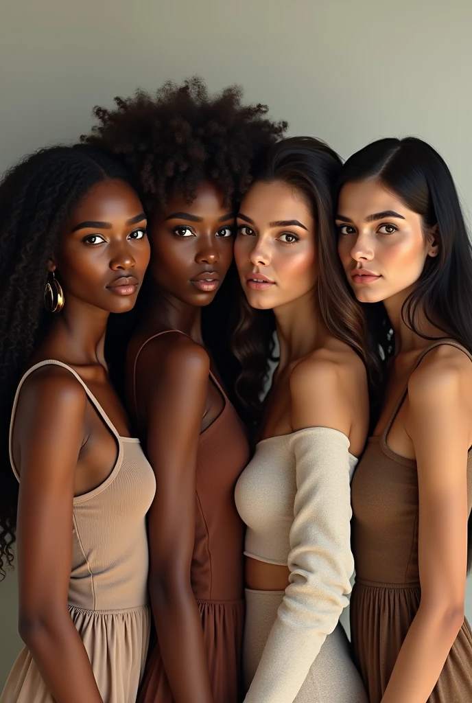 four girls: a black woman with long curly hair, a mulatto woman with long curly hair, a blonde white woman with long curly hair and a brown woman with medium straight black hair 
