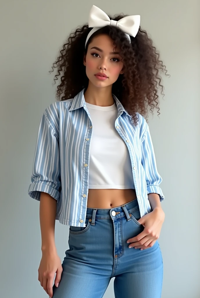 A midsize brunnet woman with curly hair wearing mom jeans, a stripped cropped shirt (white and BLUE). The stripes are on vertical. She is wearing the shirt on top of a basic T. In her head, a white bow