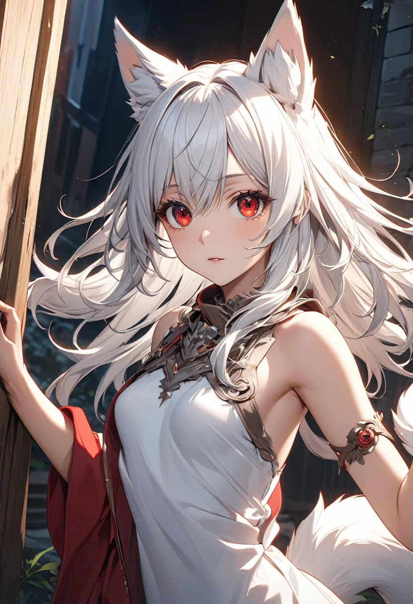 Longhair, (Red eyes:1.5), animal ears, tail, white hair, Wolf ears, Wolf Tail, (small breast:1.2), BREAK looking at viewer, BREAK outside, BREAK (masterpiece:1.2), best quality, high resolution, unity 8k wallpaper, (illustration:0.8), (beautiful detailed eyes:1.6), extremely detailed face, perfect lighting, extremely detailed CG, (perfect hands, perfect anatomy),