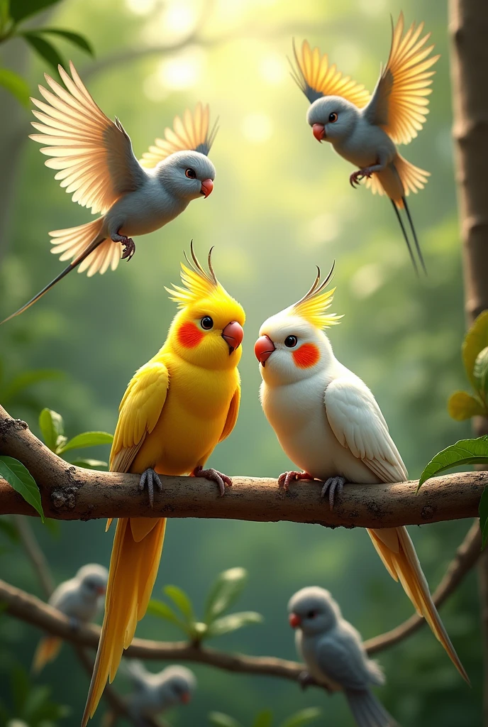 Put 6 happy cockatiels in nature, being a couple of wild adults on a perch, 1 small male harlequin chick with pearl and cinnamon markings with a yellow head flying, a small female wild species chick all grey flying, a small female flying harlequin chick with yellow colors ,grey and white on the wings, and a small female flying chick of the pearl cinnamon species with feathers in grey colors, White and yellow. Don't put blue colors on cockatiels