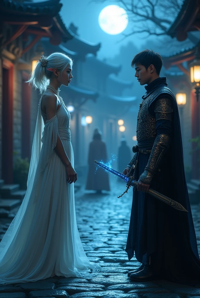 "Are you my master?"; BREAK A (photorealistic masterpiece) (highly detailed faces, fantasy illustrations with gothic, with muted colors), BREAK (this is a "city of shadows" with distant lights glittering. Pale blue moonlight illuminates the cobbled stone); BREAK (Elf sorceress: a beautiful young Elf woman with (elf ears), short silvery hair, delicate features, pale skin, and lavender eyes); wearing ((sleeveless)) pale robes, arcane magic is woven around, summoning a knight to protect her, glittering magic radiating from her, BREAK (ArmoredKnight: handsome Chinese man, medieval Chinese-style lamellar armor, black cloak, carrying a jen-sword glimmering blue) and (kneeling:1.3), BREAK (female elf on left and dark ArmoredKnight on right facing each other in blue moonlight as the knight (((kneels))) in allegiance); BREAK: the dark armoredknight kneels.