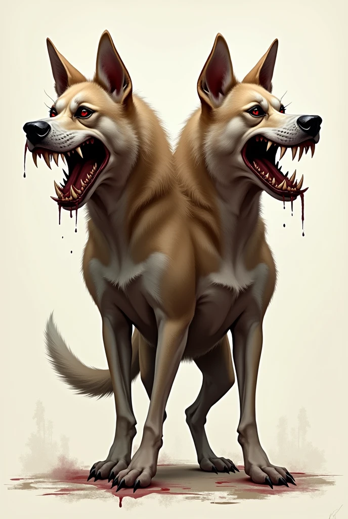 Caricature of two headed dog, realistic, 2d, with bloody sharp teeth